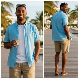 Club Room L Resortwear Beach Vacation Coastal Gauzey Preppy Button Down Shirt